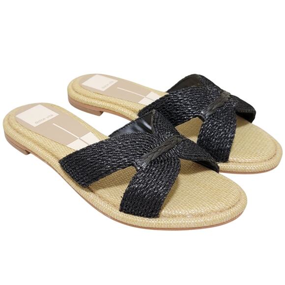Dolce Vita Women Atomic Flat Slide Sandals Size US 6.5 Black / Natural Raffia - Picture 2 of 5